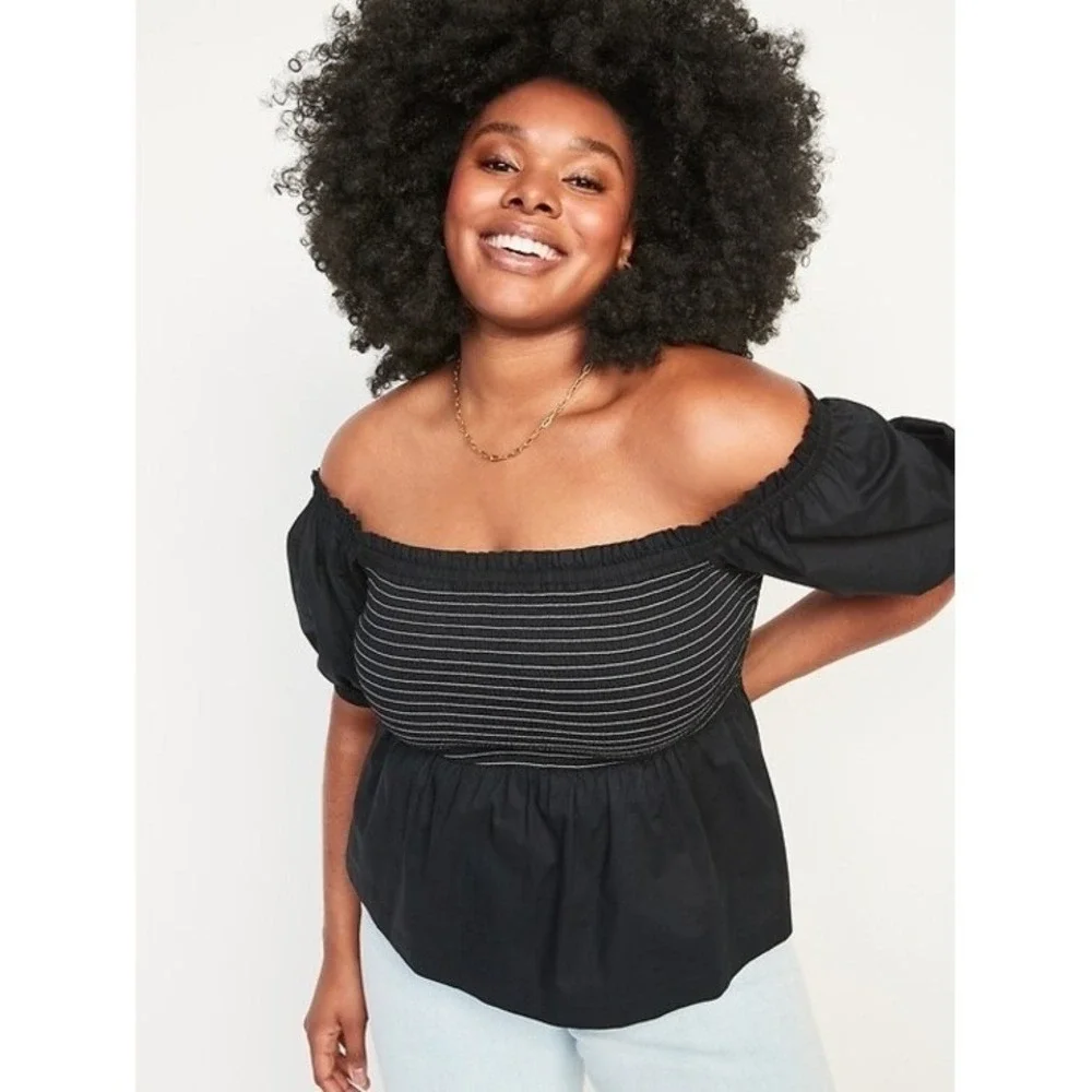 NWT Old Navy Off The Shoulder Smocked Babydoll Swing Puff Sleeve Top Black 2X
